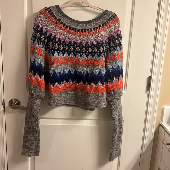 Free People Home for the Holidays Cropped Sweater - Heather Gray Combo - L - Picture 7 of 10